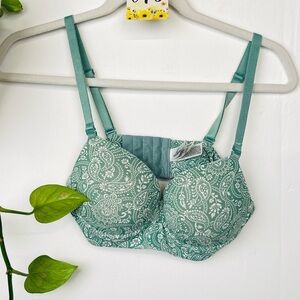 NWT Leonisa 34B Green Paisley Push Up Underwire Bra